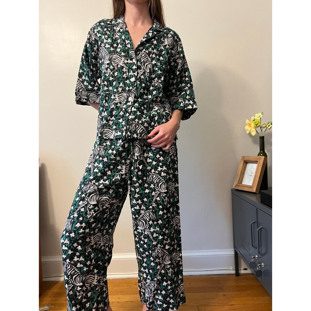 Banana Republic Linen Zebra Floral Pajama Set Green Black Button Down Pants M